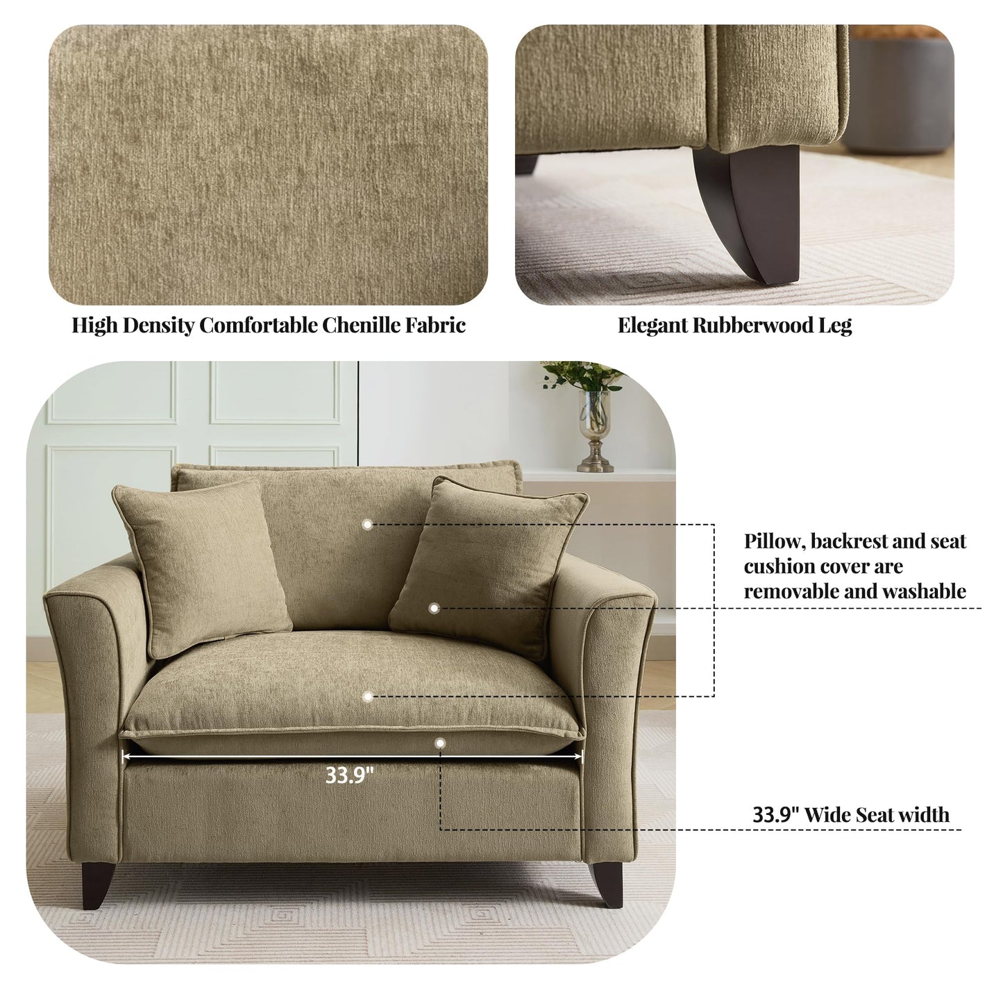 46.3 Inch Oversized Armchair Chenille Fabric Chair and a Half Single Sofa with Pillow Removable Washable Covers Rubberwood Legs Ruffled Armrests for Living Room Bedroom Office Apartment, Green