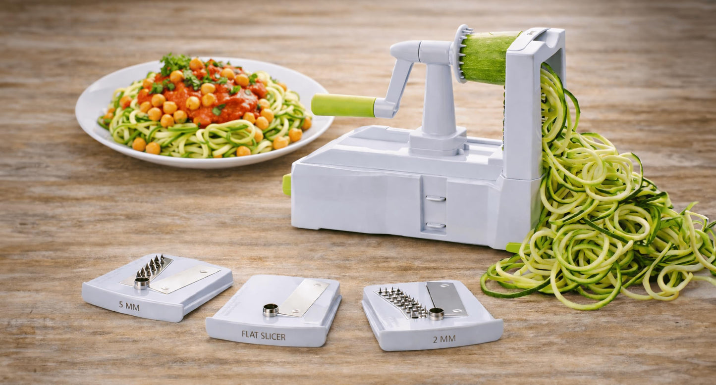 Brieftons 5-Blade Vegetable Spiralizer: Best Zucchini Spiral Slicer & Veggie Noodle Maker, Japanese Steel Blades, Strong Suction Cup, Blade Caddy, 4 Recipe eBooks | Low Carb, Vegan, Paleo, Gluten-Free