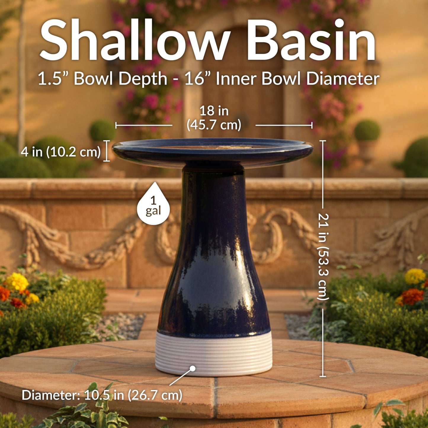 Sunnydaze 21" H Ceramic Bird Bath for Outside - Hand-Painted Outdoor Bird Bath Bowl, UV/Frost-Resistant Finish - Midnight Blue