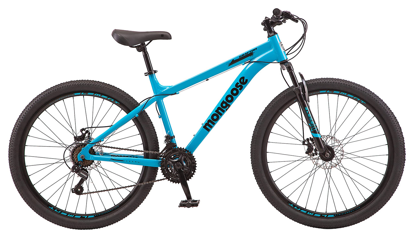 Mongoose Grafton Mountain Bike, 27.5 Inch Bike for Men and Women, 21 Speed, Aluminum Frame, Knobby Mountain Tires, Suspension Fork, Trigger Shifters, Mechanical Disc Brakes, Adult Bicycle