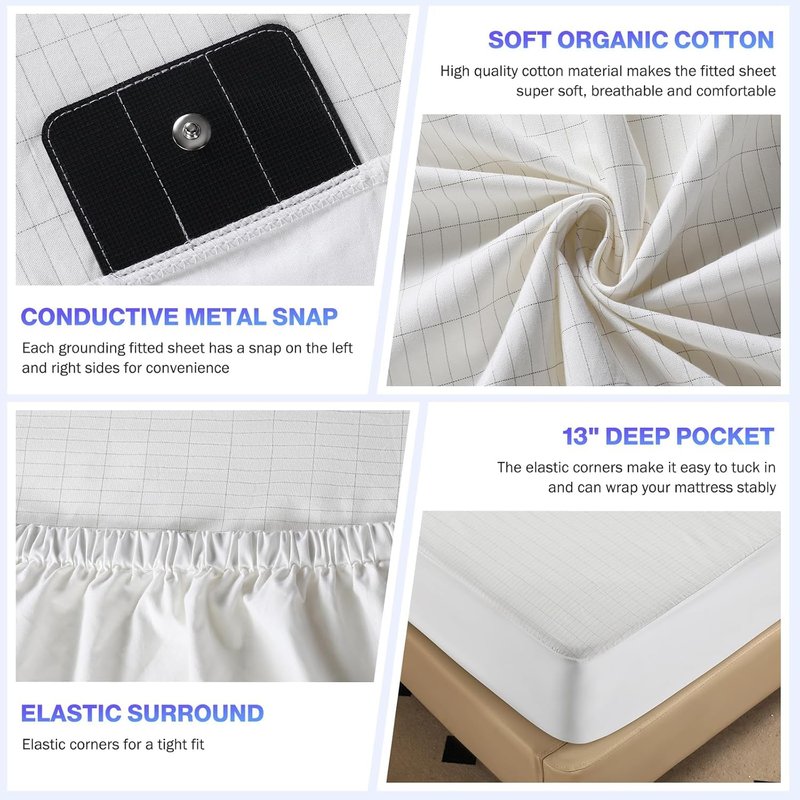 OneAmg Grounding Sheets Queen Size, Grounded Fitted Bed Sheet 10% Pure Silver Fiber + 90% Organic Cotton Bed Grounding Kit with grounding Cord for Improved Sleep & Wellness (White,80"x60"x15")