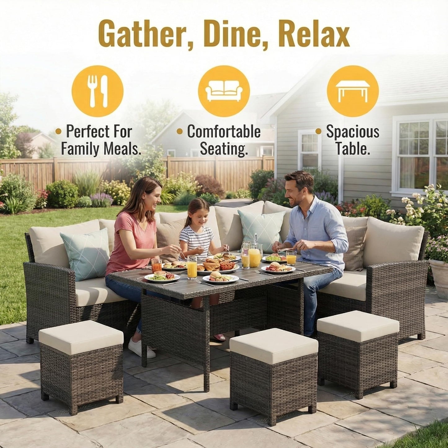 Wisteria Lane 7 Piece Patio Furniture Set, High Curved Back Wicker Patio Sectional, All Weather Outdoor Dining Set, Outdoor Furniture Patio Conversation Set with Ottoman, Ivory