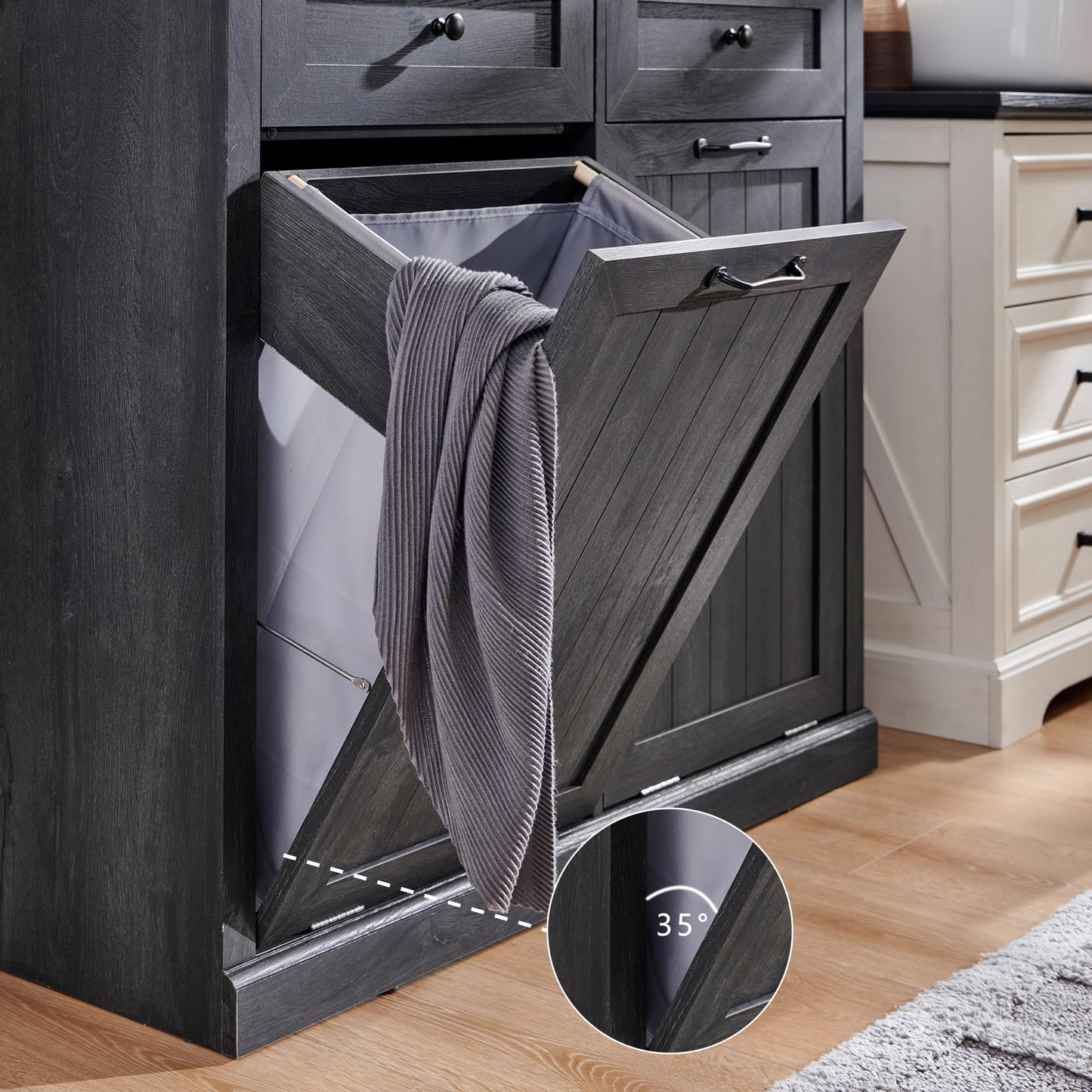 IFGET Double Tilt Out Trash Cabinet, 20 Gallon Farmhouse Laundry Hamper Cabinet with 2 Drawers, Hidden Wooden Trash Can Cabinets with Storage Basket for Kitchen, Living Room (Dark Grey)