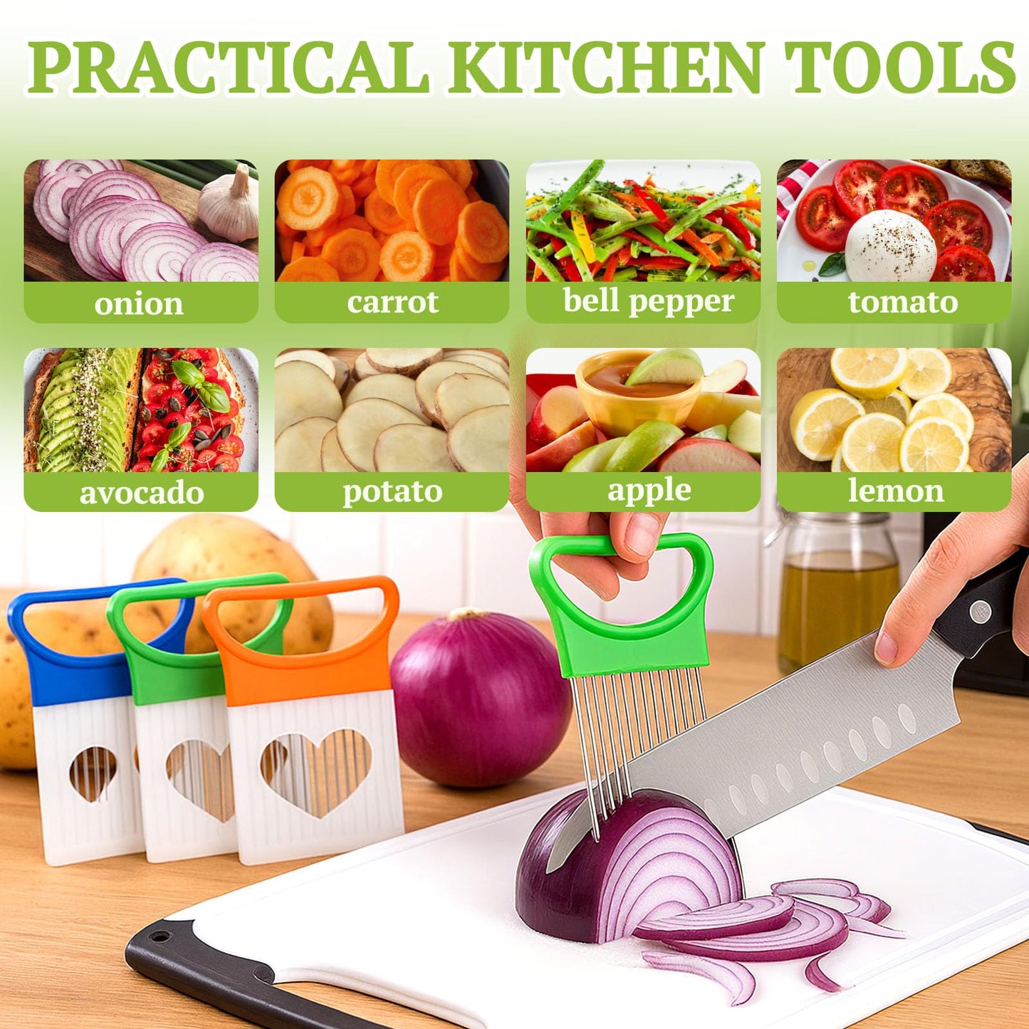 FANTEXY 3Pieces Onion Holder for Slicing, Stainless Steel Onion Cutter for Slicing, Potato Lemon Slicer Tomato Slicers Kitchen Comb for Vegetables, Fruit and Meat