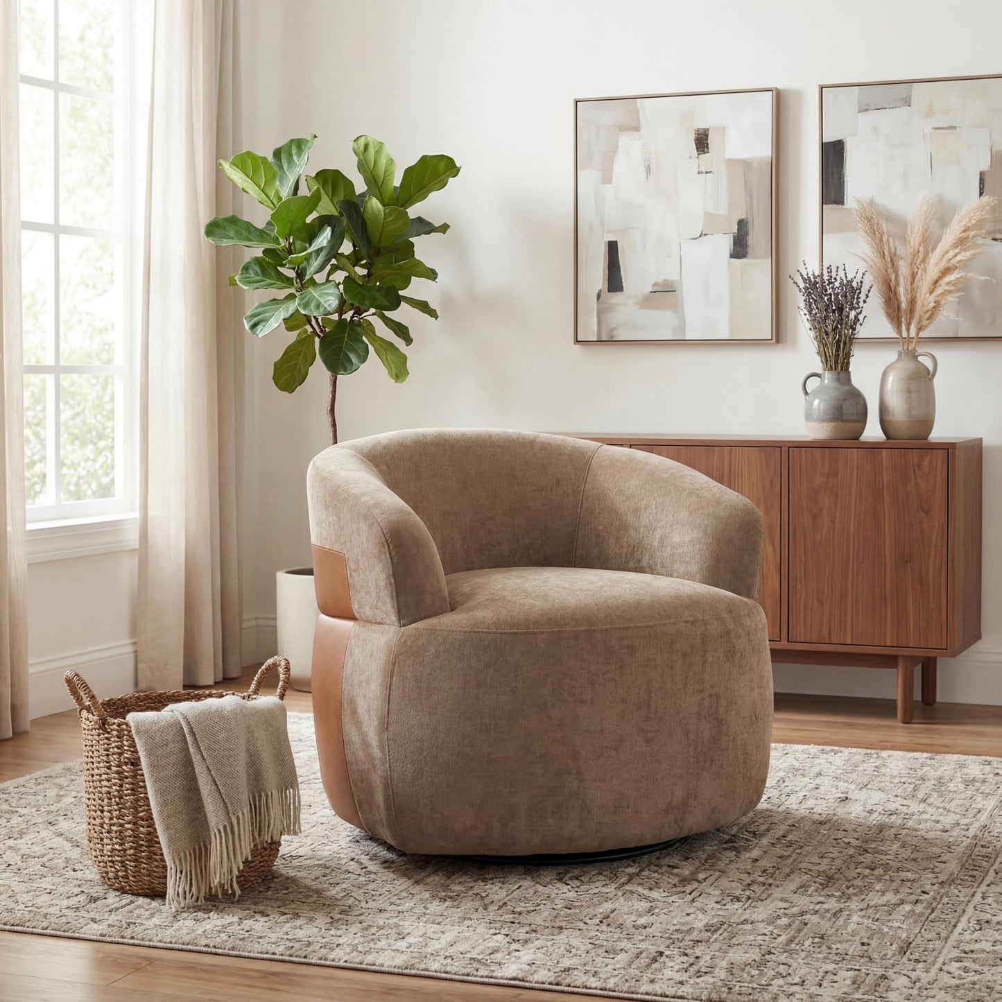 Christopher Knight Home Eldie Fabric Upholstered Swivel Accent Chair with PU Leather Accent, 360-Degree Rotation Armchair, Swivel Barrel Chair with Steel Base+Wood Frame, Lounge Chair Indoor, Brown