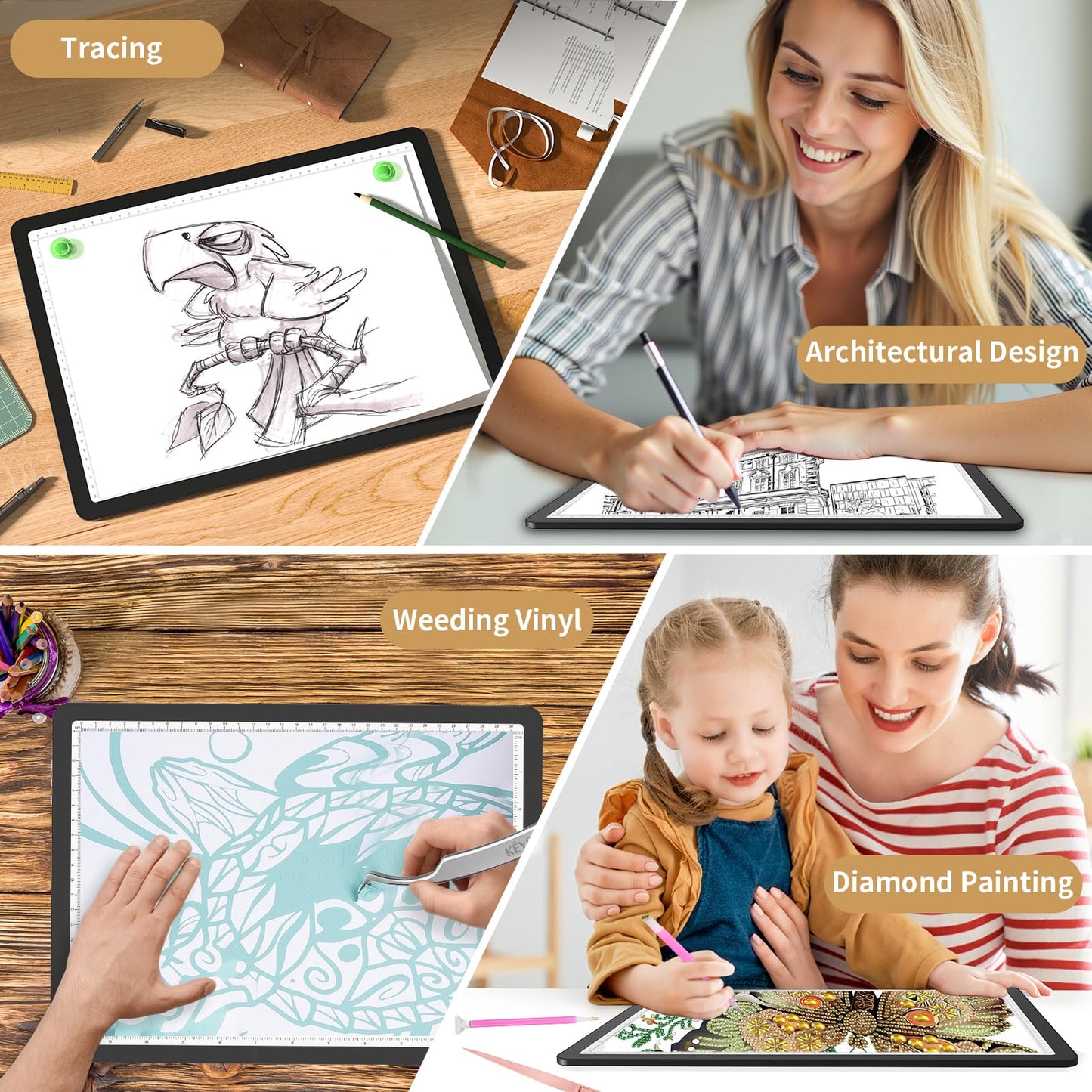 YINGWOND 9000LUX A4 Rechargeable Tracing Light Box with Padded Case,Wireless Diamond Art Light Board,Side Physical Buttons and Magnetic Portable Light Pad for Diamond Painting,Drawing,Sketching