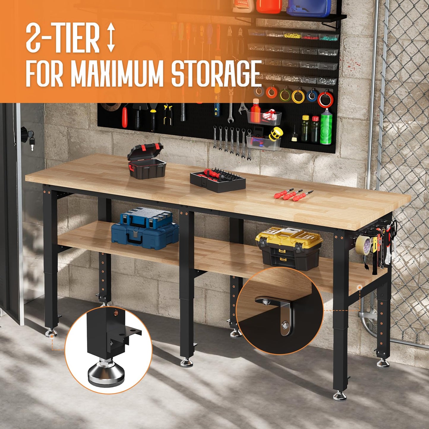 SPECRAFT 72"x24" 2-Tier Adjustable Workbench with 4 AC Outlet and 2 USB Ports Power Outlets, 6000 Lbs Capacity Heavy Duty Workbench, Rubber Wood Top for Garage, Workshop, Office