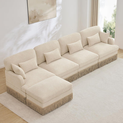 KEIKI 131.5" L Shaped Sectional Sofa with Ottoman, Oversized Modular Chenille Leopard Print Couch with Tassel Trim, Deep Seat Sofa for Living Room Corner Layout