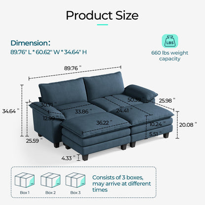 LINSY HOME Modular Sectional Sofa - Oversized Corduroy Cloud Couch with Movable Ottoman Soft Modern Comfy Sofa Set for Living Room Apartment Office, Blue