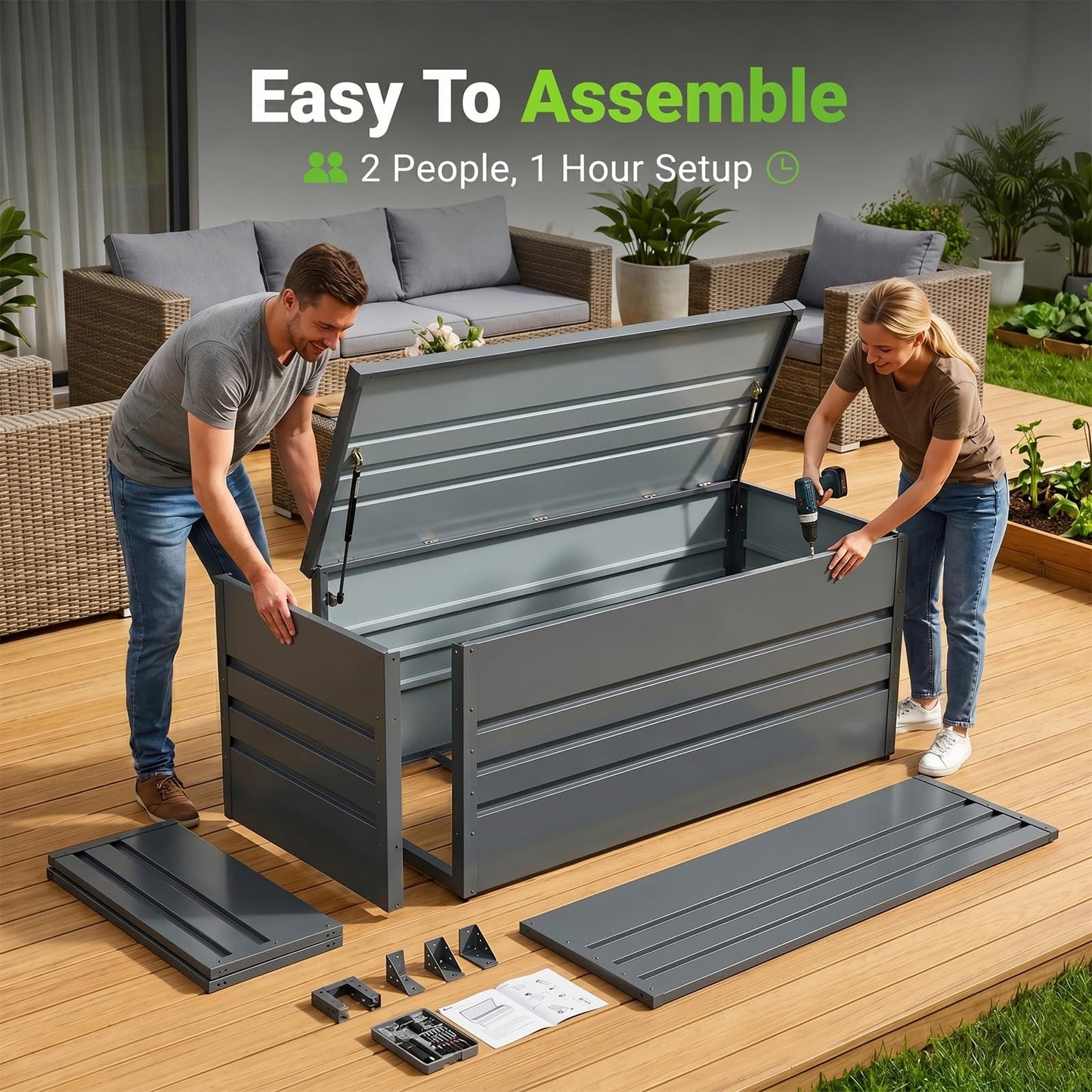 Zolyndo 260 Gallon Waterproof Metal Deck Box, Extra Large Outdoor Storage Box with Hydraulic Lid for Outside Patio, Cushions, Garden Tools, Pool Supplies (Black)