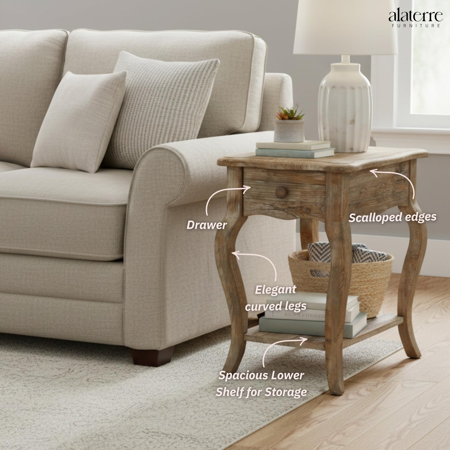 Alaterre Furniture Austerity Living Room Tables – 15 Inch Narrow Chairside Table with Drawer, Shelf, Scalloped Edges, & Curved Legs – Rustic Accent Side Table in Driftwood Finish