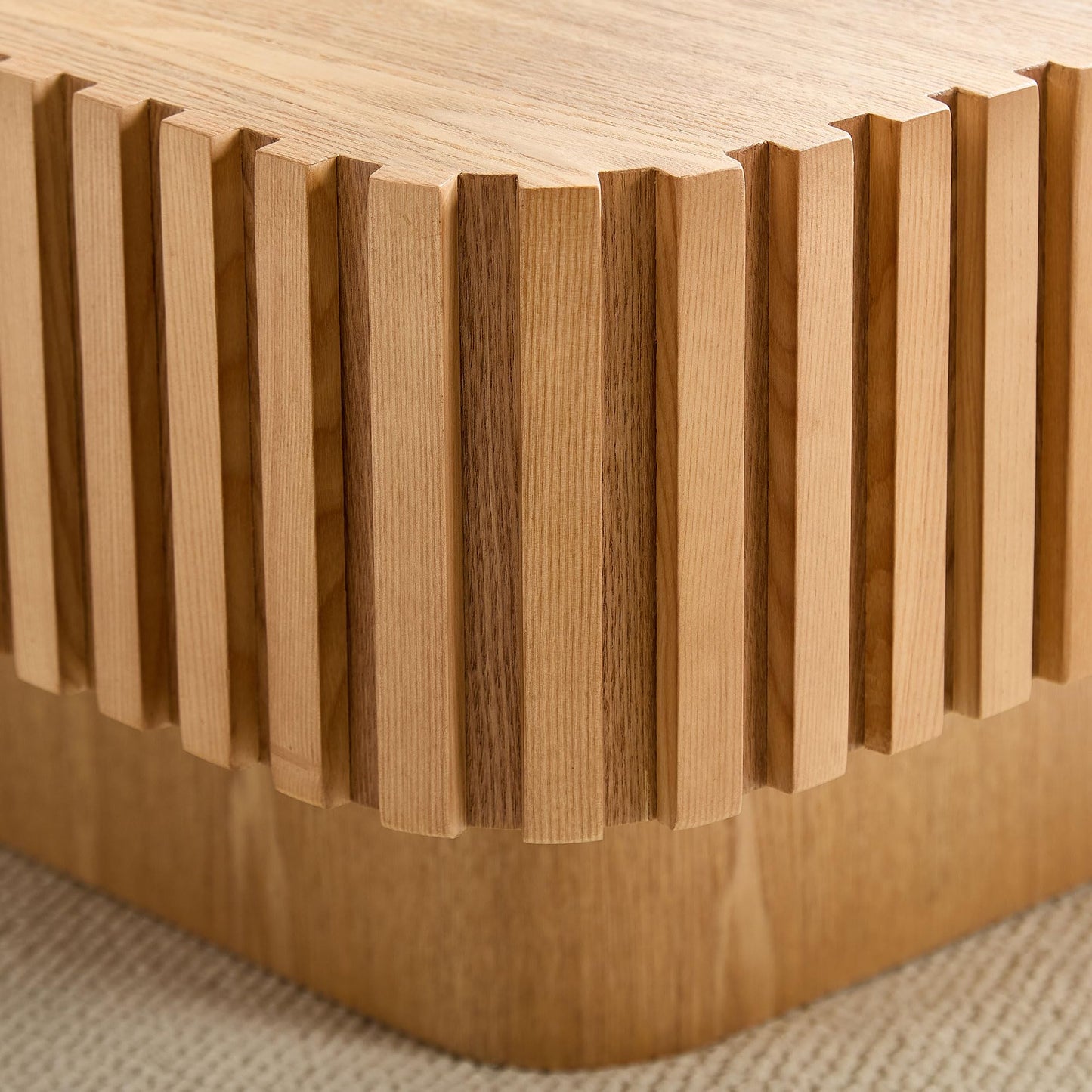 KEIKI 32" Handcraft Drum Square Wooden Coffee Table with Sturdy MDF Pedestal, Modern Style Solid Wood Relief Coffee Table, Easy Assembly, for Living Room, Bedroom, Reception Room, Natural Ash