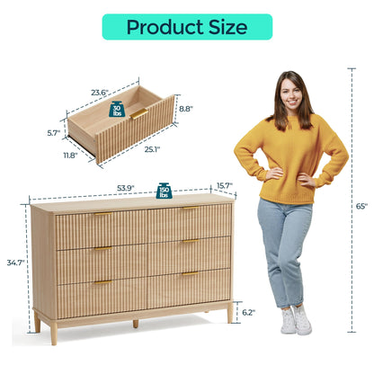 LINSY Fluted 6 Drawer Dresser for Bedroom, 54" Wide Mid-Century Modern Tall Chest of Drawers, Deep Storage Dresser with Curved Corner Design, Large Accent Wood Cabinet for Bedroom, Oak