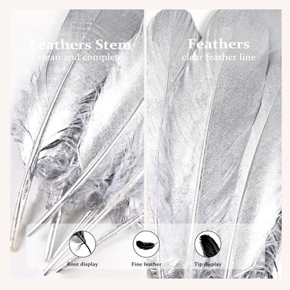 FeelfunFeather 120pcs Silver Goose Feathers 6-8 Inch 15-20cm Decorative Natural Goose Nagoire Feather Bulk for DIY Crafts Cosplay Wedding Party Christmas Halloween Home Decoration