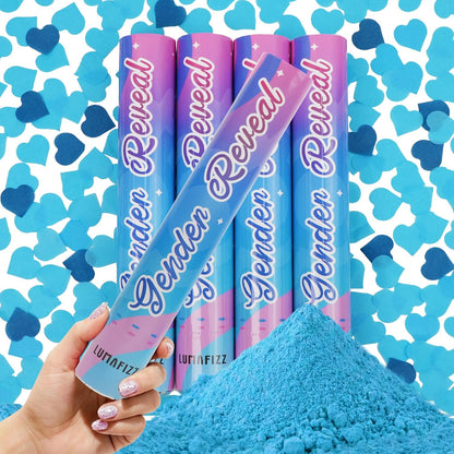 12Inches 4Pcs 4 Pack Gender Reveal Confetti Cannon - Biodegradable Powder & Heart Shaped Confetti Poppers - Blue