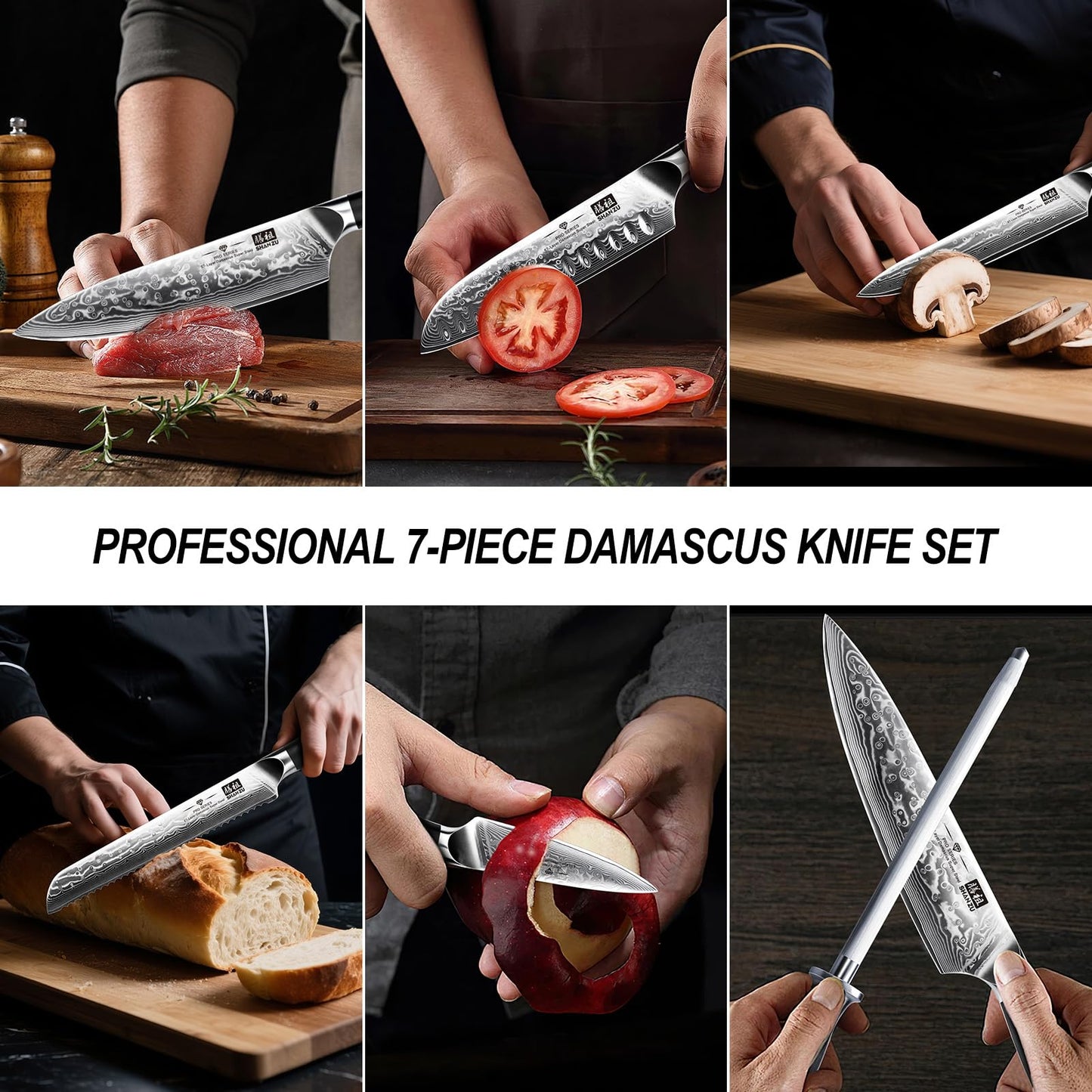 SHAN ZU Damascus Kitchen Knife Set, 7-Piece Professional Knife Sets for Chefs, Japanese Super Steel Damascus Kitchen Knife Set With G10 Handle Knife Block Set