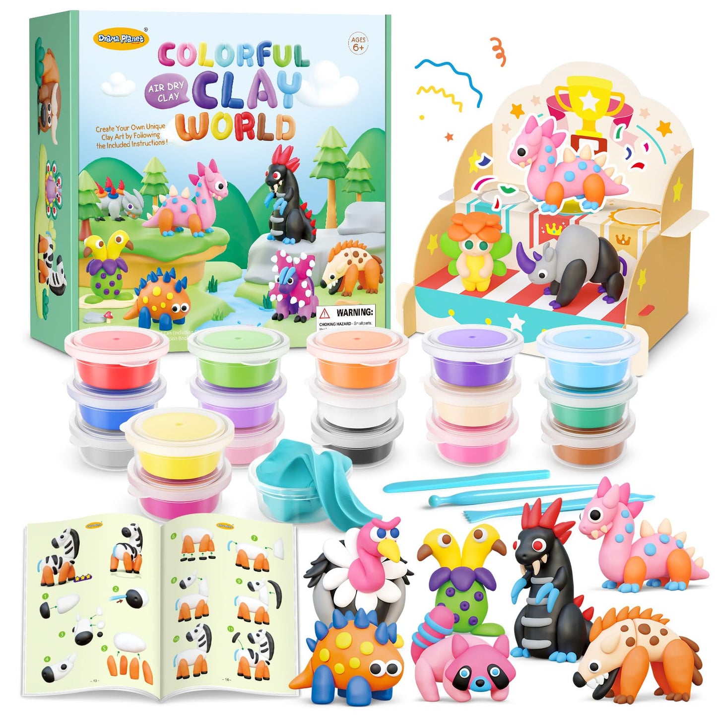 Drama Planet Air Dry Clay Kit for Kids - 18 Cans of Modeling Clay, 46-Page Guidebook with 26 Character Tutorials, Great Gift for Boys & Girls