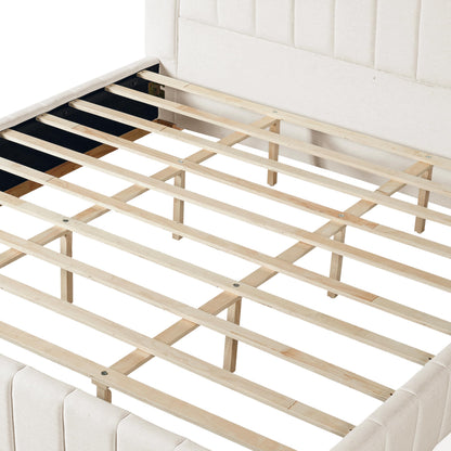 FammyLoft King Size Bed Frame, Elegant Striped Fabric Upholstered Bed Frame, Minimalist Bed Frame with Padded Headboard, 800 lbs Support, Modern King Bedroom Furniture,Beige