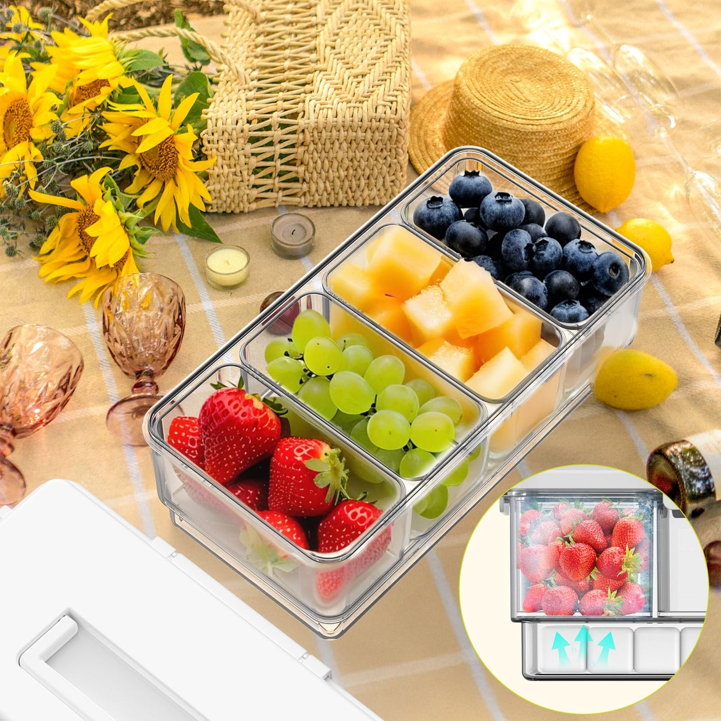Palksky Snackle Box Container with Ice Pack, Travel Snack Container with Handle, Chilled Portable Divided Serving Tray with Lid, 4 Compartment Snack Box for Fruits,Veggies,Snacks,Keep Food Cold