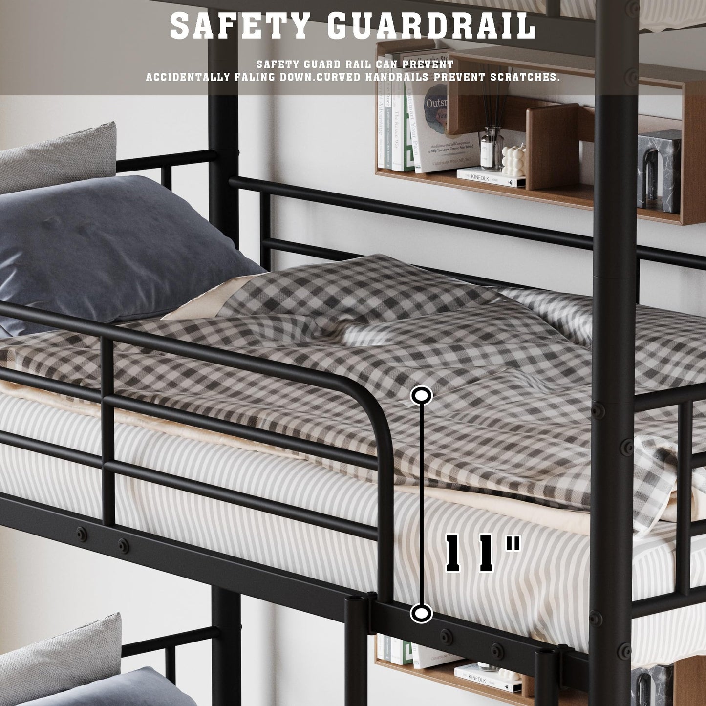 KEIKI Triple Bunk Bed Twin Size,Convertible Metal 3 Tier Bunkbeds with Built-in Ladder,Safety Guardrails,Detachable to 3 Single Beds,for Teens,Adults Bedroom,Dorm,Guest Room,No Box Spring Needed,Black