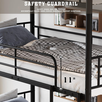 KEIKI Triple Bunk Bed Twin Size,Convertible Metal 3 Tier Bunkbeds with Built-in Ladder,Safety Guardrails,Detachable to 3 Single Beds,for Teens,Adults Bedroom,Dorm,Guest Room,No Box Spring Needed,Black