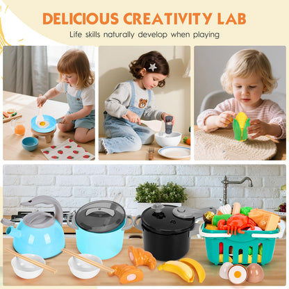 130Pcs Kitchen Playset, Toddler Pretend Cooking Play Pots, Pans, Utensils Cookware, Daily Food Fruit Veges, Shopping Storage Basket, Dessert, Prop Money, Learning Gift for Child (Turquoise)