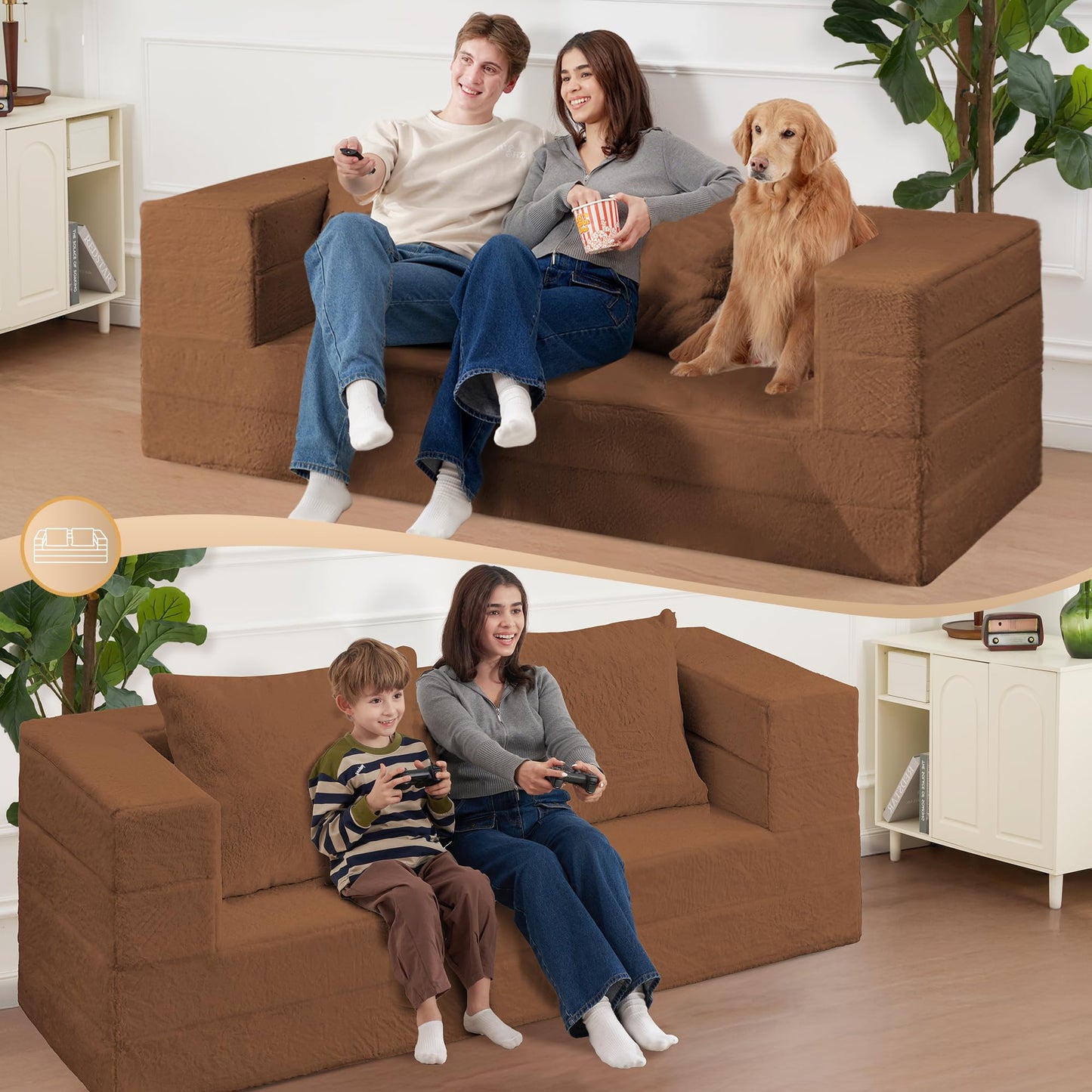 Cansunna Folding Bean Bag Chair for Adults,3-in-1 Bean Bag Couch Faux Fur Floor Sofa Large Beanbag Convertible Bean Bag Sofa Bed with Pillow in Bedroom,Living Room,Apartment(Queen,Caramel)