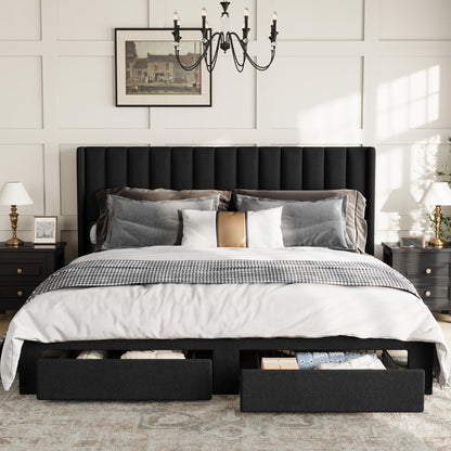 Garvee King Size Bed Frame, Velvet Upholstered Bed Frame with Wingback Headboard, 2 Storage Drawers, No Box Spring Needed, Black