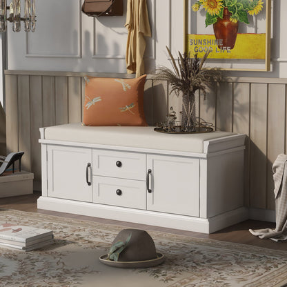 Merax Modern Wood Storage Bench with 2 Drawers and 2 Cabinets for Living Room Bed Room Entryway White