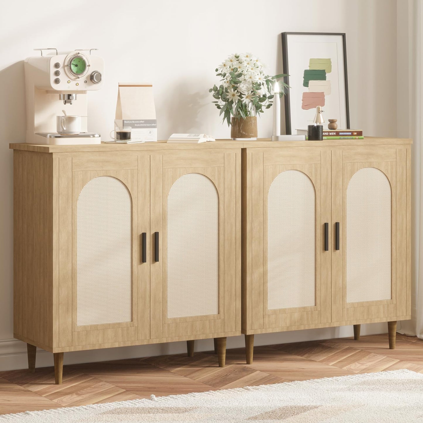 Garvee Rattan Buffet Cabinet with Storage, Sideboard Cabinet with 2 Doors and Adjustable Shelves, Boho Wood Cupboard for Kitchen, Livingroom, Dining Room, Entryway (Natural, 2 PCS)