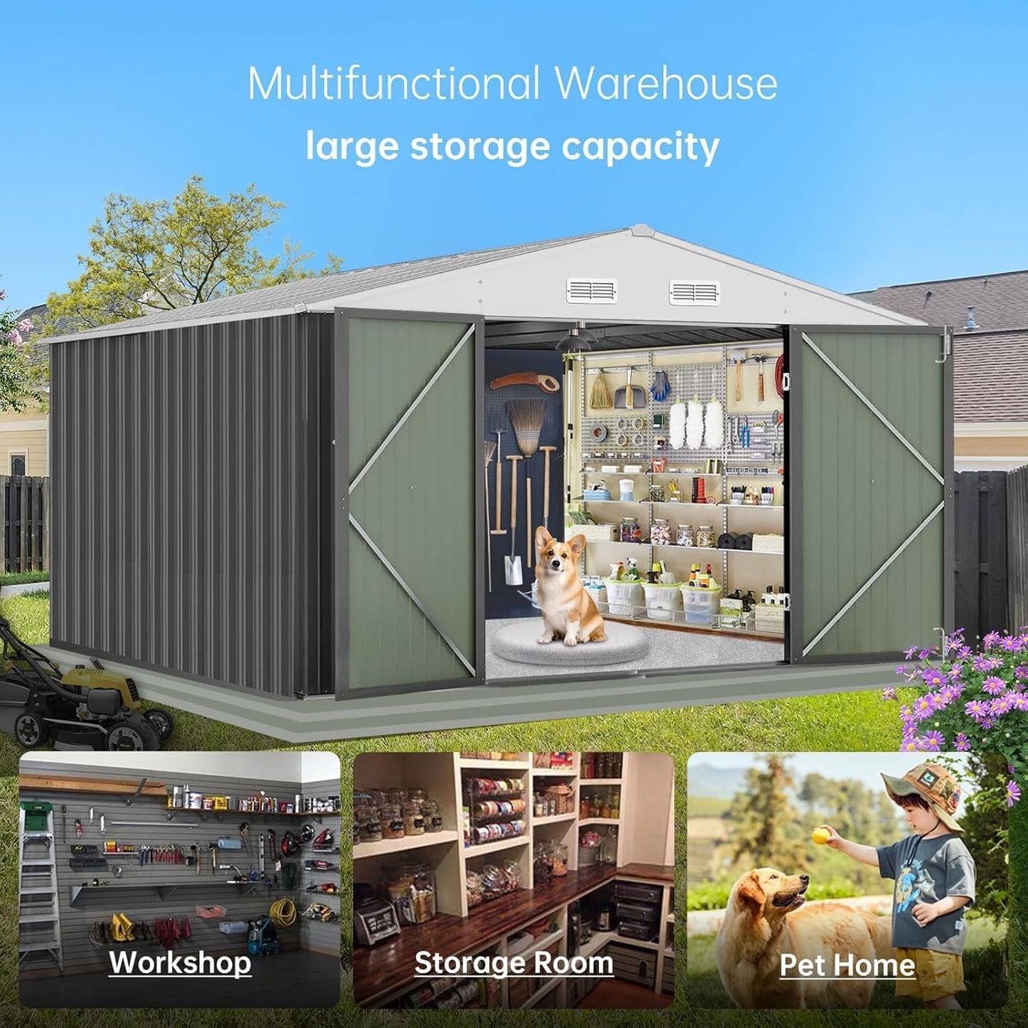 12x10 FT Outdoor Storage Shed, Large Metal Garden Storage Shed with Sloped Roof, Lockable Door, Durable Steel Tool Shed for Lawn Equipment, Backyard, Patio, Yard Organizer, Grey