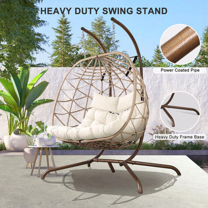 NOBLEMOOD Outdoor Egg Swing Chair with Stand, 2 Person Patio Swing Chairs with Thick Cushions and Pillows, Wicker Double Egg Chair Swing for Indoor Bedroom