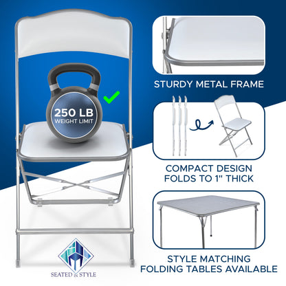 Folding Chairs with Padded Seats 4 Pack - Foldable Chair with Heavy-Duty Steel Frame, Elegant Party Bridge Chairs, Metal Folding Chair for Outside, Home, Office, Indoor Outdoor Events - Silver/ White