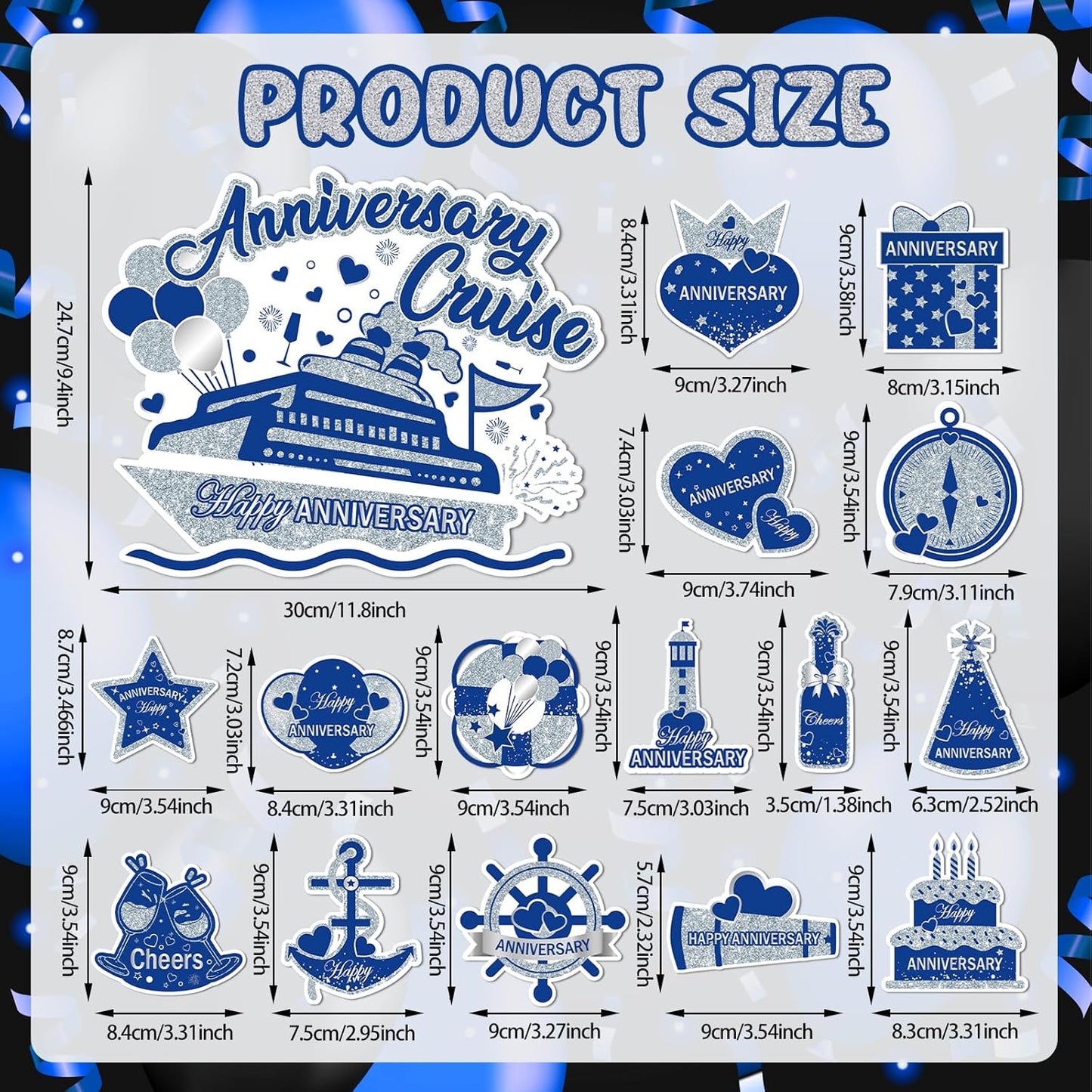 Happy Anniversary Cruise Door Magnets, Blue Silver Magnetic Decorations for Wedding Party, Refrigerator Decor