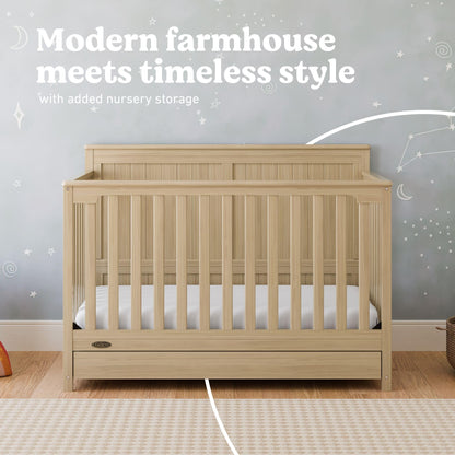 Graco Hadley 5-in-1 Convertible Crib with Drawer – GREENGUARD Gold Certified, Fits Standard Crib Mattress, Converts to Toddler Bed, Daybed and Full Bed, 4 Adjustable Mattress Heights (Driftwood)