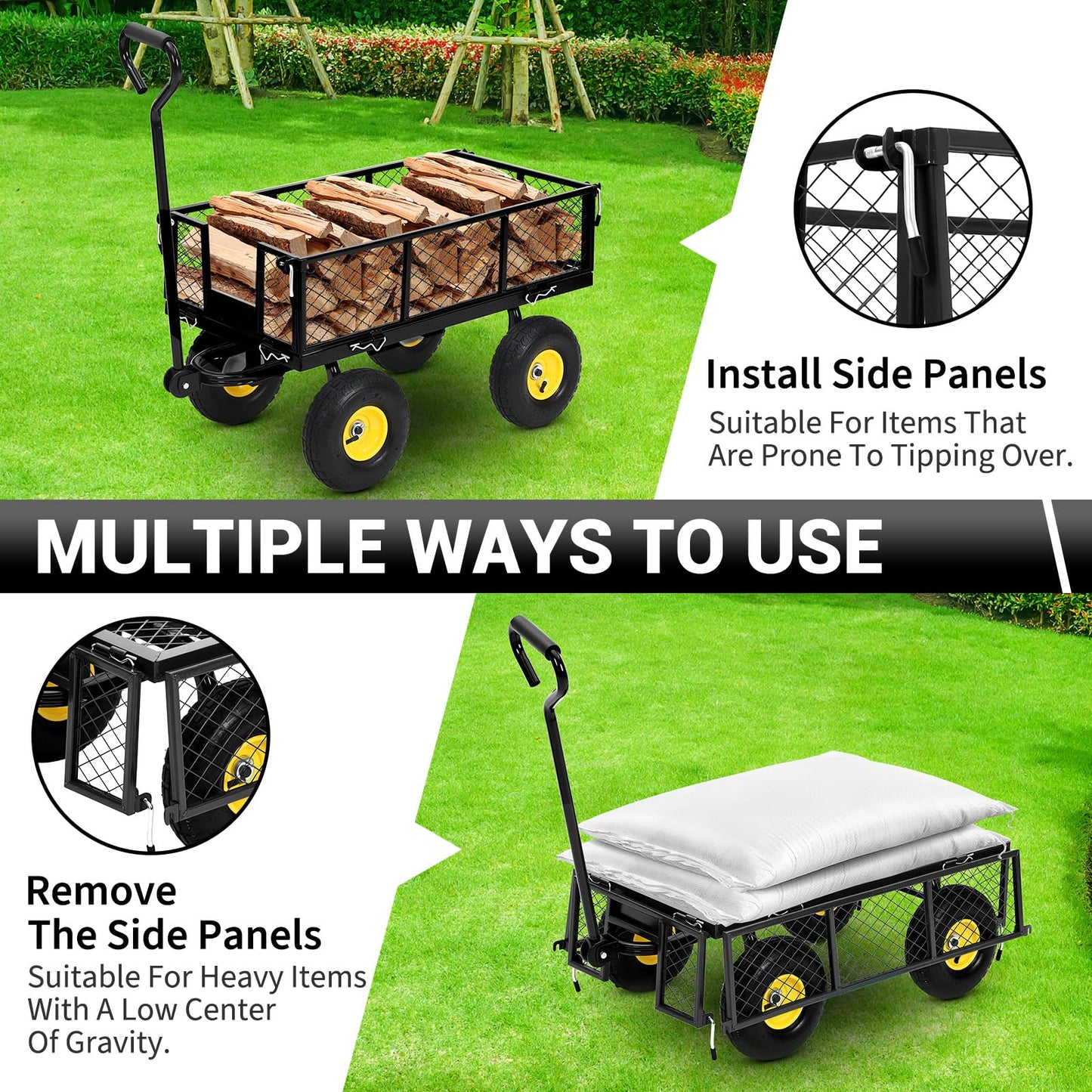 550Lbs Steel Garden Cart, Heavy Duty Garden Wagon Cart with 180° Rotating Handle ＆ 10in All Terrain Wheels,Removable Sides Metal Yard Utility Wagon Carts.