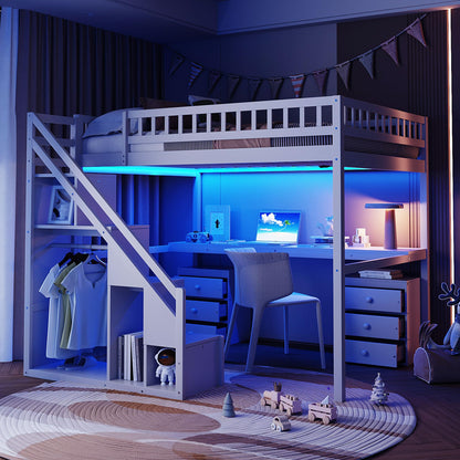 Merax Full Size Wood Loft Bed with Stairs, Built-in Desk, 2 Storage Drawers & Lights, Space Saving Bed for Teens, Adults, Study Loft Bed with Underbed Storage, White