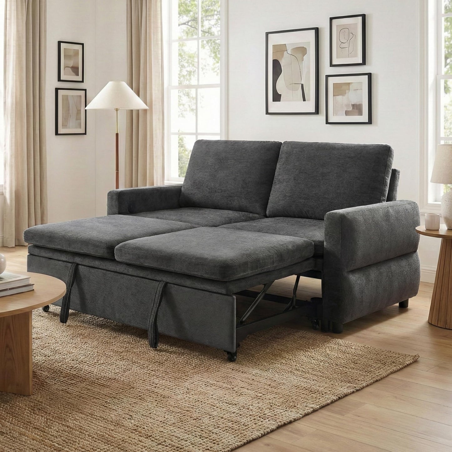 Convertible Sofa Bed Loveseat with Adjustable Backrest, Chenille Sleeper Couch with USB Ports, 3 Position Reclining Sofa Bed for Small Spaces Apartment Guest Room, Modern Compact Furniture, Grey