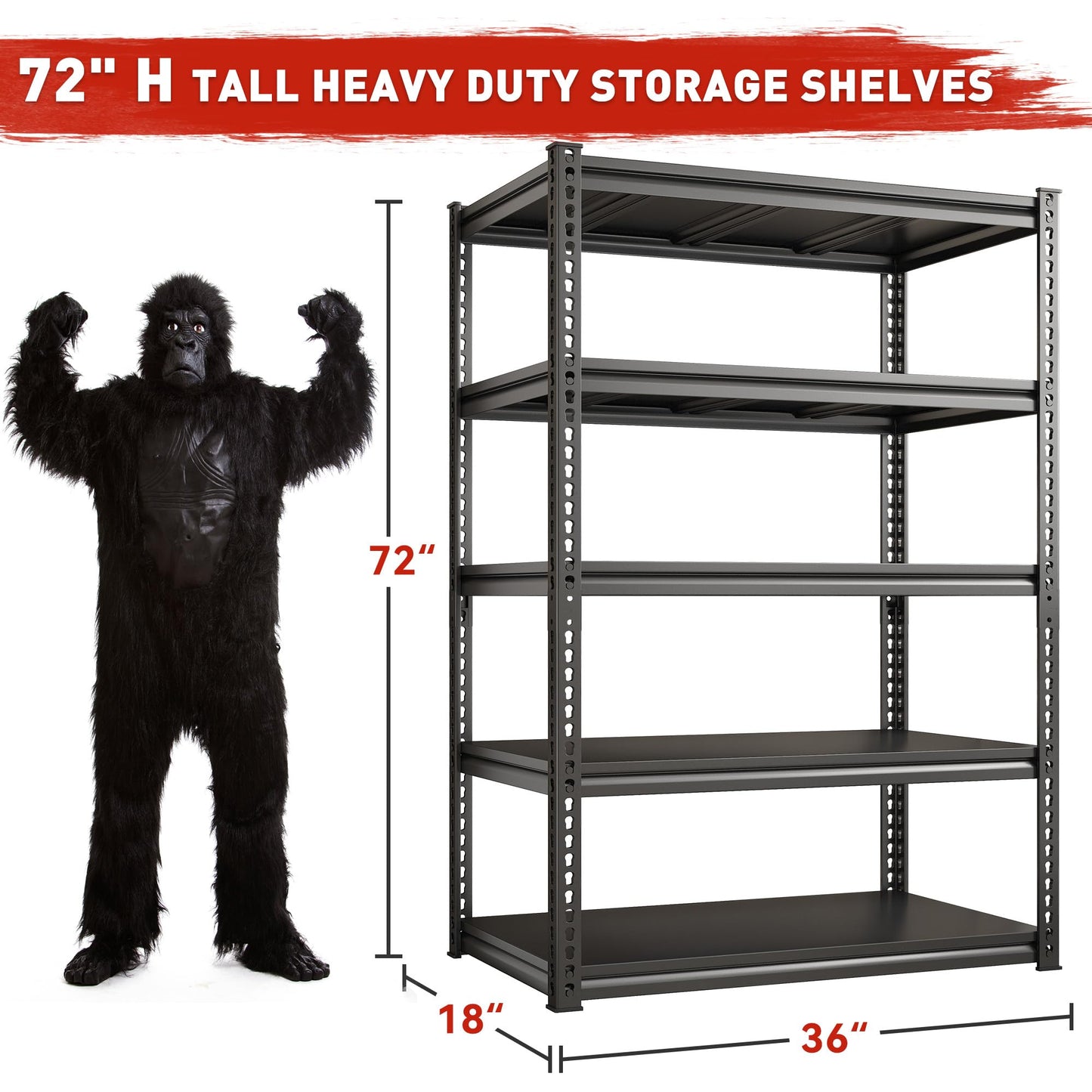 REIBII 72" H Garage Shelving Load 2500 LBS, Heavy Duty Storage Shelves, 5-Tier Adjustable Garage Shelves for Warehouse, Basement, 72" H x36 W x18 D, Black, 3 Pack