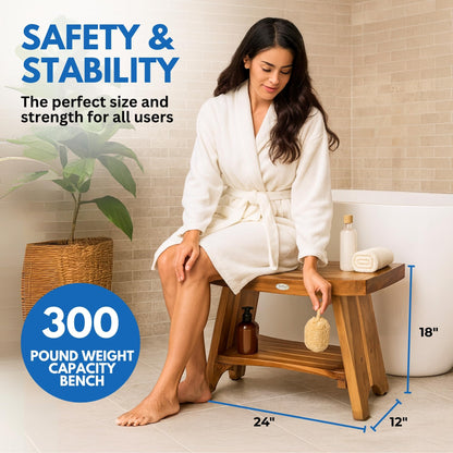 EcoDecors 24 Inch Serenity Teak Shower Bench – Waterproof Bathroom Seat with Large Storage Shelf For Adults & Seniors | Spa-Style Teak Wood Stool with Non-Slip Feet, Elegant Finish, 300 Pound Capacity