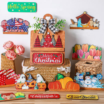 GlikCeil 37 Pcs Interchangeable Seasonal Decor Farmhouse Breadboard Interchangeable Seasonal Tier Tray Decor Holiday Halloween Thanksgiving Christmas Wooden Decoration with Bow for Table Kitchen