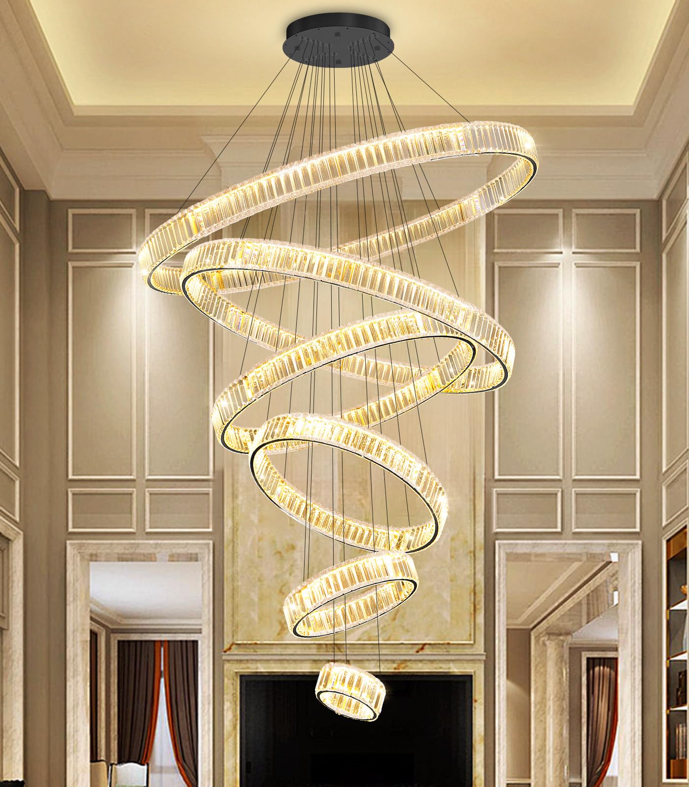 dolria Large Ring Chandelier Modern Crystal Chandeliers for High Ceiling Round LED Dimmable Ceiling Light Fixture for Foyer Long Stair Black 8''+16''+24''+32''+40''+47''