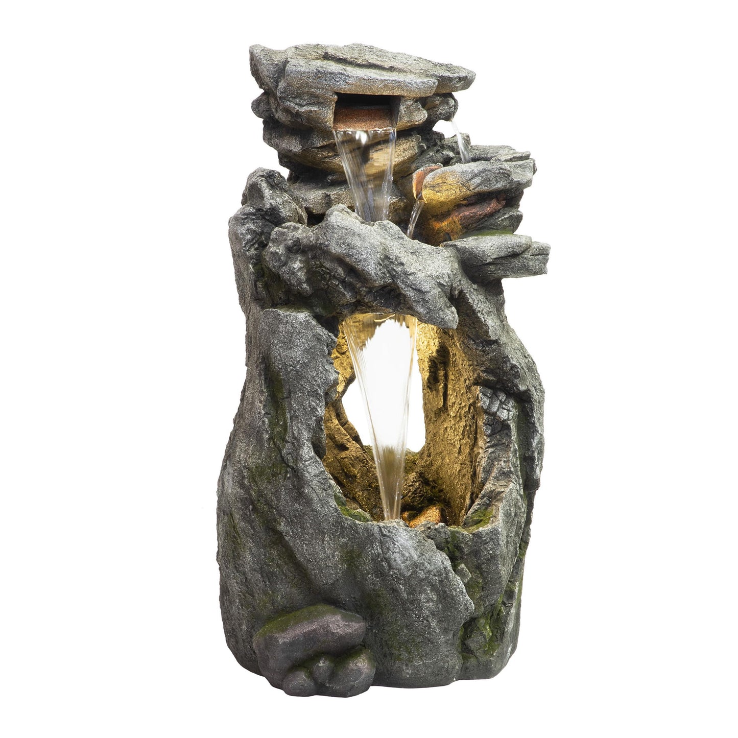 Alpine Corporation 41" Tall Outdoor Cascading Rainforest Rock Waterfall Floor Fountain with LED for Gardens, Patios, and Yards, Brown