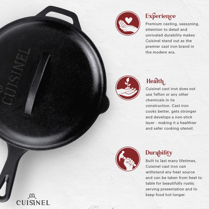 Cuisinel 12" + 10" + 8"-Inch Cast Iron Skillets Set with Braiser Lids + Silicone Handle Grips + Pan Scraper - Indoor/Outdoor Pre-Seasoned Kitchen Cookware - Oven, Fire, Stove Safe