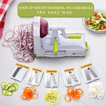 Brieftons 5-Blade Vegetable Spiralizer: Best Zucchini Spiral Slicer & Veggie Noodle Maker, Japanese Steel Blades, Strong Suction Cup, Blade Caddy, 4 Recipe eBooks | Low Carb, Vegan, Paleo, Gluten-Free