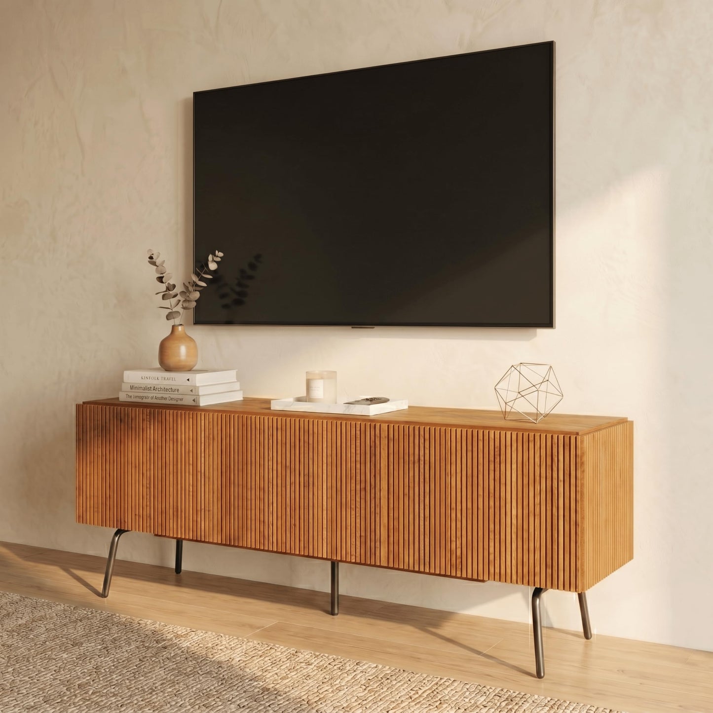 NTC Veil TV Stand with 3 Doors for TVs up to 60’’, Media Console with Vertical Groove Design and Metal Legs, Modern Entertainment Center for Living Room and Bedroom, Effortless Assembly, Teak Look