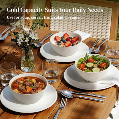 DOWAN 32 OZ Bowls, Soup Bowl Set of 4, Large Ceramic Bowls for Soup, Cereal, Pasta Bowls, Embossed Floral Design, Stackable, Microwave & Dishwasher Safe, for Ramen and Salad