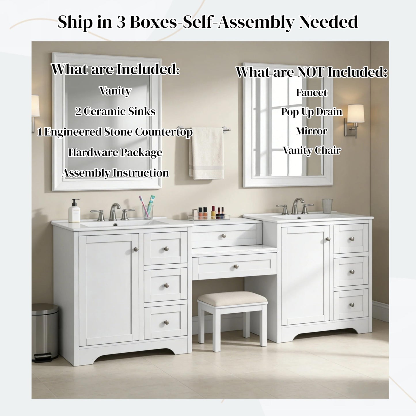 Merax 84" Double Sink Bathroom Vanity with Engineered Stone Countertop & 2 Ceramic Sinks,Large Storage Vanity with 6 Soft Close Drawers,Silver Metal Knobs for Master Bathroom,Family Bath,White