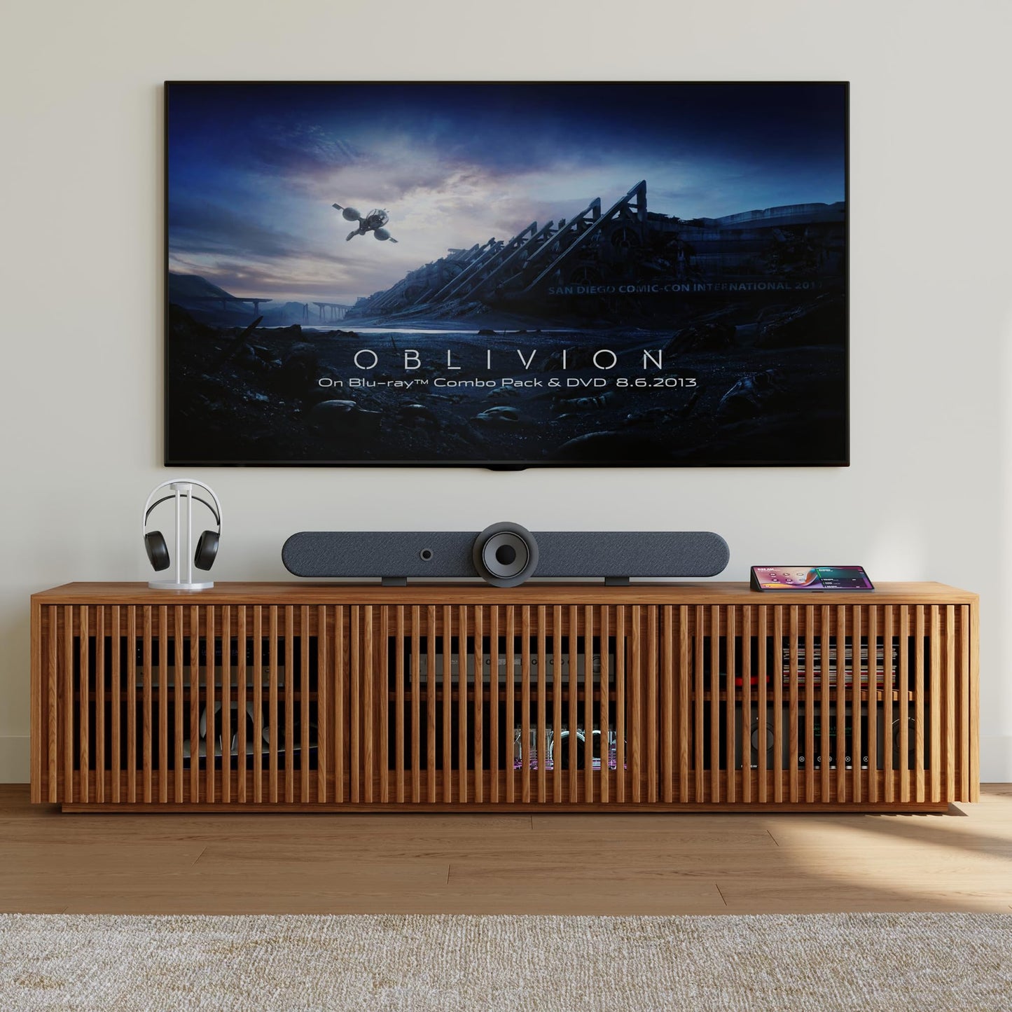 POVISON Full Assembled Mid Century Modern TV Stand, Wood Slatted Media Console for 65 inch TV, Entertainment Center with Storage for Living Room, Low Cabinet with Removable Shelves