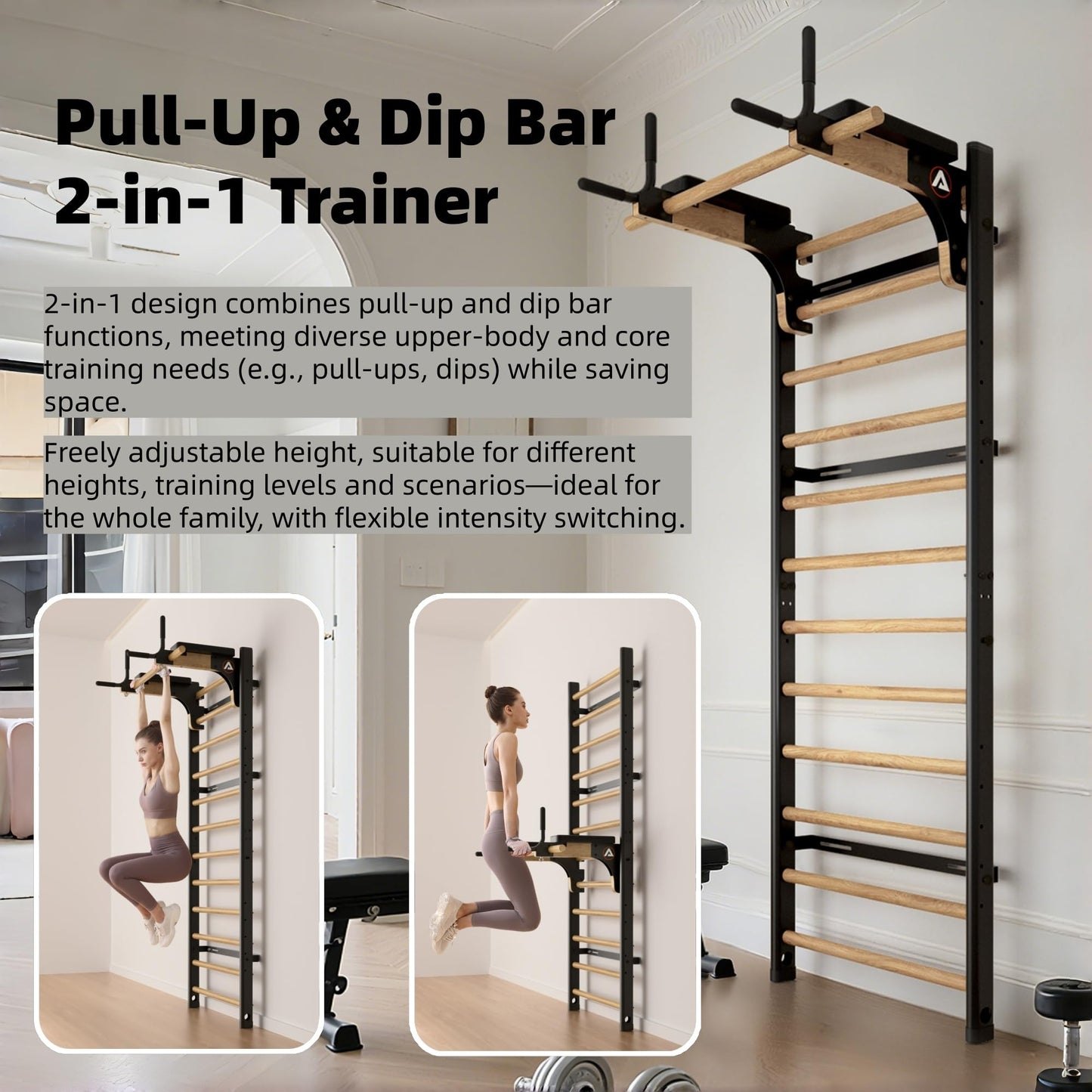 Swedish Ladder Pro, Wood Stall Bar with Push-Through Bar, Adjustable Pull-Up Dip Bar for Adults and Kids, Accessories Bundle, Spring, for Home, School, Physical Therapy and Gymnastics (40"x90“x26")